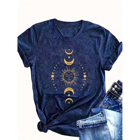 Tops - Ladies' Navy Blue T-Shirt with Sun, Moon, And Star Patterns, Fashionable NEW